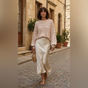 Saylor Reformation Pink White Stripped Ribbed Knit Wool Crewneck Balloon Sleeve